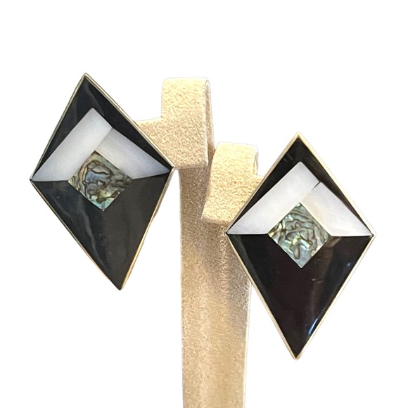 Vintage 1980s Alpaca Mexico Inlay earrings - Picture 5 of 7